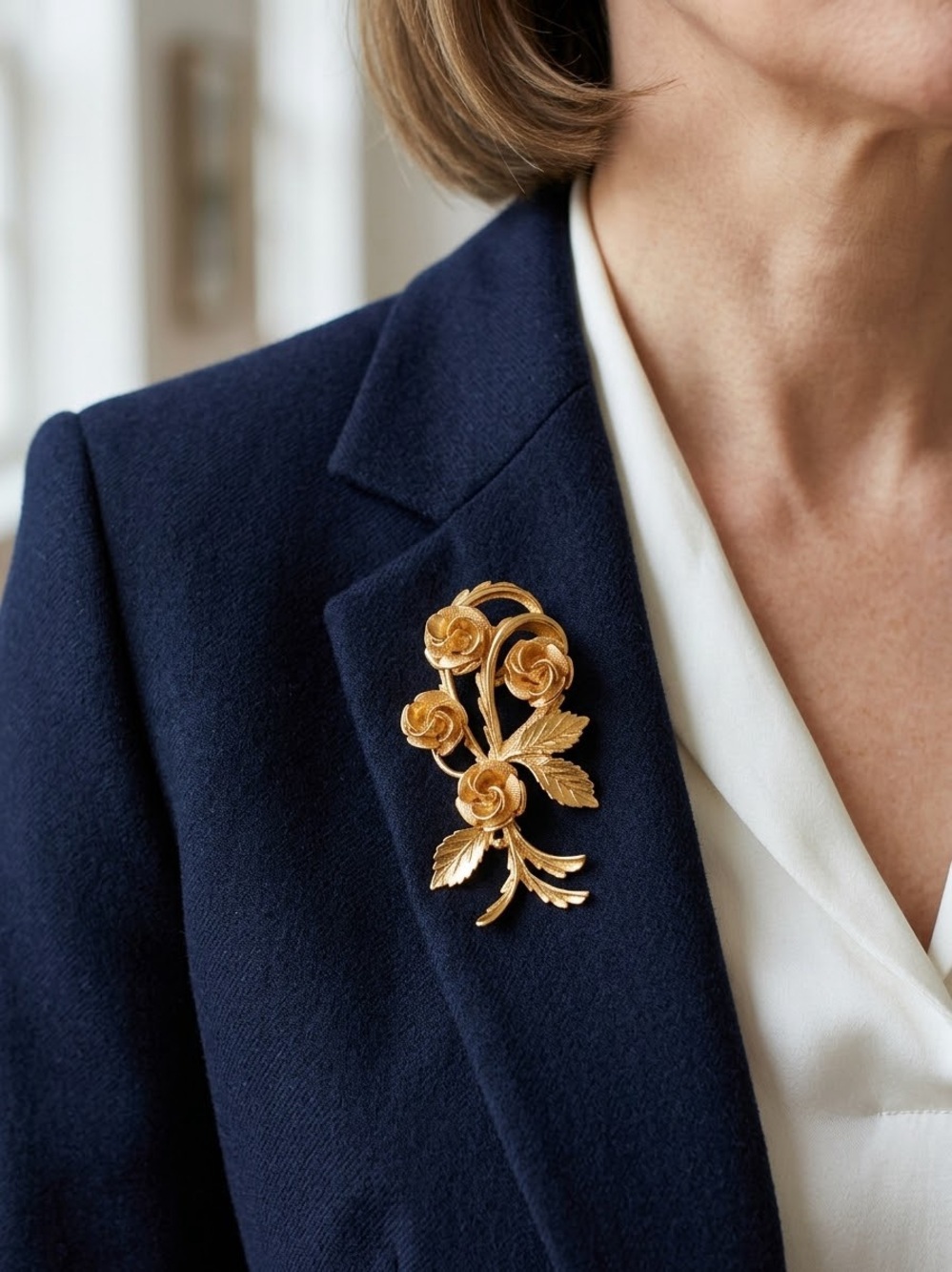 Vintage Coro Signed Gold-Tone Floral Rose Brooch